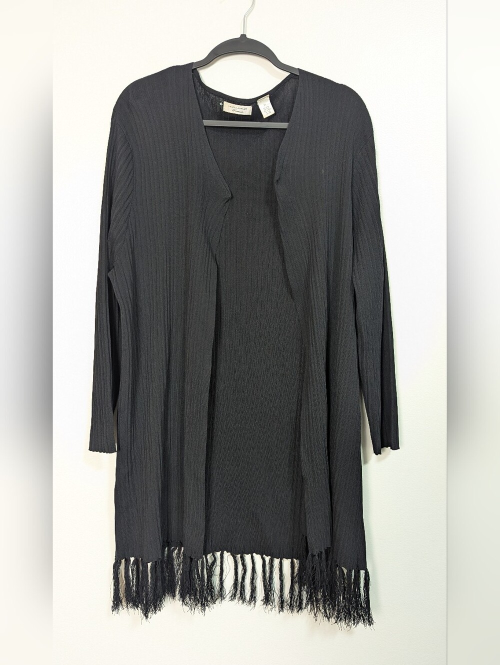 Laura Ashley Woman Size 2X Black Plissé Ribbed Fringe Hem Long Duster Cardigan